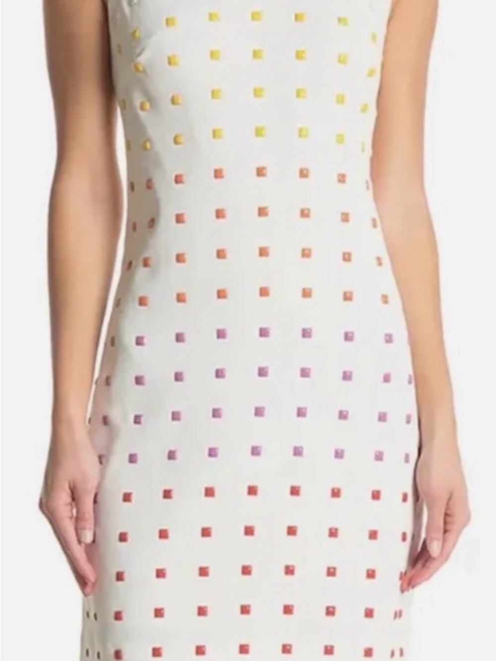 Trina Turk White Midi Dress with yellow, orange, pink, and violet embellishments